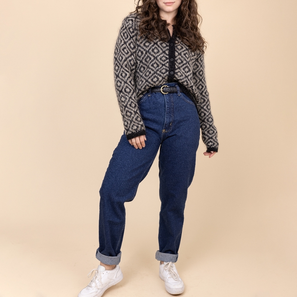Vintage 90s Cropped Sweater Diamond Geometric Print Cardigan Y2K Fuzzy Knit Wool